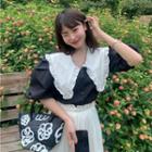 Puff-sleeve Ruffle Collar Blouse / A-line Skirt