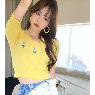 Short-sleeve Flower Embroidered Knit Top Yellow - One Size