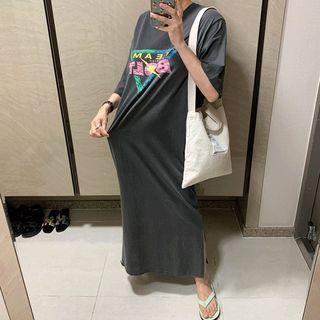 Printed Slit-side Maxi T-shirt Dress