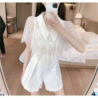 Set: Lace Short-sleeve Cropped Blouse + High-waist Wide-leg Shorts