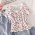 Floral Lace Short-sleeve Slim-fit Top As Figure - One Size