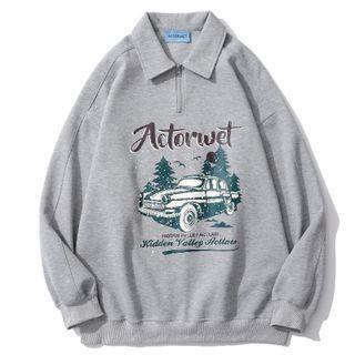 Car Print Polo Collar Sweatshirt