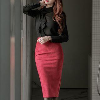 Frill-trim Shirt / Fitted Midi Skirt