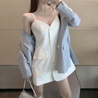 Double-breasted Blazer / Belt / Spaghetti Strap Mini A-line Dress / Set