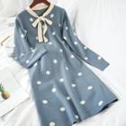 Long-sleeve Dotted Midi A-line Knit Dress
