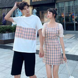 Couple Matching Short-sleeve Plaid Mini A-lie Dress / Short-sleeve Plaid Panel T-shirt / Plain Shorts