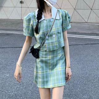 Puff-sleeve Double-breasted Plaid Blouse / A-line Skirt