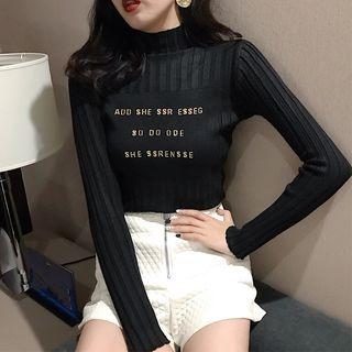 Long-sleeve Mock Neck Lettering Knit Top / Faux Leather Wide-leg Shorts