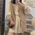 Set: Single-breasted Vest + Bell-sleeve Blouse + Shorts
