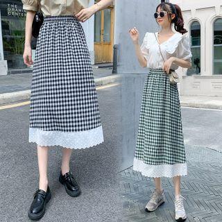 Lace Panel Gingham Midi A-line Skirt