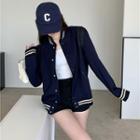 Contrast Trim Baseball Jacket Navy Blue - One Size