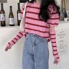 Set: Short-sleeve Striped Knit Top + Oversleeves Red - One Size