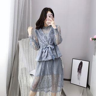 Set: Lace Sheer Dress + Slipdress + Faux-fur Vest