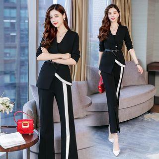 Set: Short-sleeve Blazer + Boot-cut Dress Pants