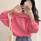 Long-sleeve Open-collar Blouse Rose Pink - One Size