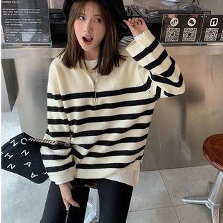 Striped Zip High-neck Knit Sweater