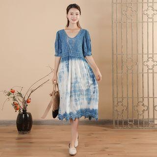 Elbow-sleeve Indigo Dyed A-line Dress Blue & White - One Size