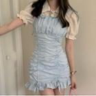Puff-sleeve Shirt / Drawstring Mini Overall Dress