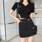 Short-sleeve Lettering Collared Cropped T-shirt / Mini Pencil Skirt