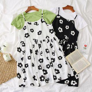 Set: Plain T-shirt + Flower-print Sleeveless Dress