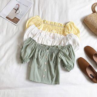 Puff-sleeve Frill Trim Buttoned Cropped Top