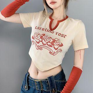 Set: Short-sleeve Lettering Flower Print T-shirt + Arm Sleeves