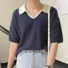 Short-sleeve Polo Knit Top Off-white - One Size