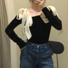 Color Panel Lace-up Long-sleeve Top Black - One Size