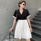 Short-sleeve Two-tone Pleated Dress