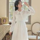 Tie-neck Long-sleeve Ruffled Midi A-line Dress