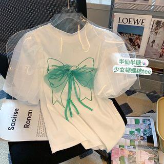 Puff-sleeve Mesh Panel Printed T-shirt