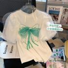 Puff-sleeve Mesh Panel Printed T-shirt