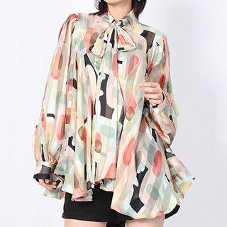 Puff-sleeve Tie-neck Geometric Print Blouse