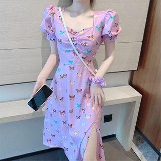 Puff-sleeve Butterfly Print A-line Midi Dress