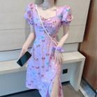 Puff-sleeve Butterfly Print A-line Midi Dress