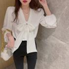 V-neck Ribbon Blouse White - One Size