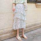 Leaf Print Tiered Midi Chiffon Skirt White - One Size