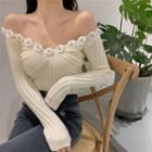 Off-shoulder Flower Long-sleeve Knit Top Off-white - One Size