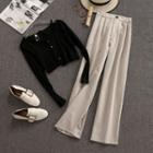 Set: Buttoned Long-sleeve T-shirt + Wide-leg Pants