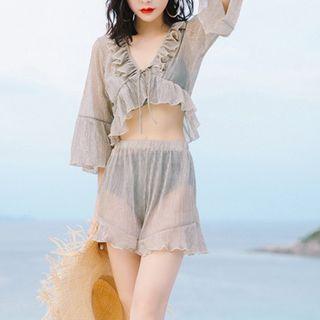 Set: Ruffle Trim Bikini + Elbow-sleeve Top + Shorts