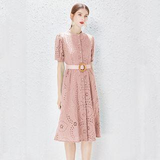 Elbow-sleeve Eyelet A-line Dress