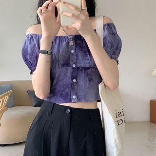 Off-shoulder Tie-dye Button Puff-sleeve Top