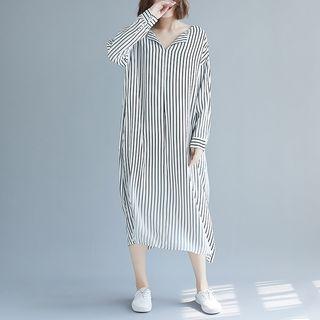 Long-sleeve Striped V-neck Midi Shirt Dress