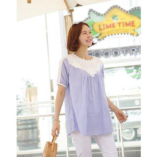Puff-sleeve Lace-panel Stripe Top