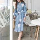 Flower Print Long-sleeve Tie-waist Midi Shirtdress