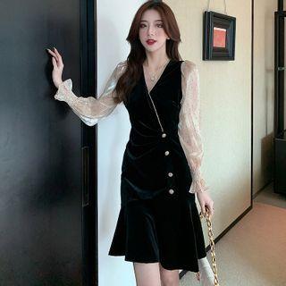 V-neck Dotted Panel Velvet Mermaid Sheath Dress