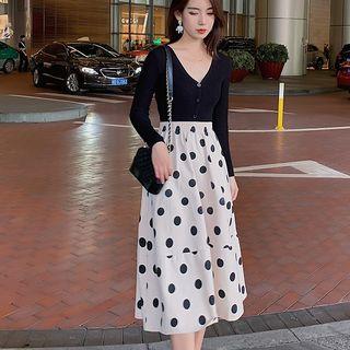 Set: V-neck Long-sleeve Knit Top + Dotted Midi A-line Skirt