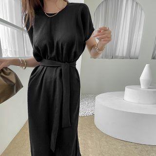 Round-neck T-shirt Dress With Sash Black - One Size