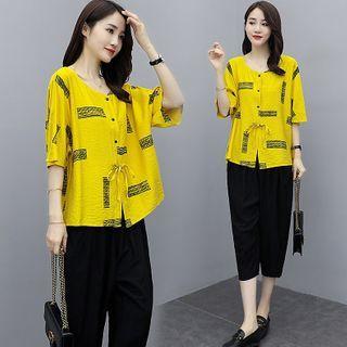 Set: Short-sleeve Buttoned Blouse + Cropped Pants