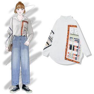 Retro Long-sleeved Printed Shirt White - Shirt - One Size